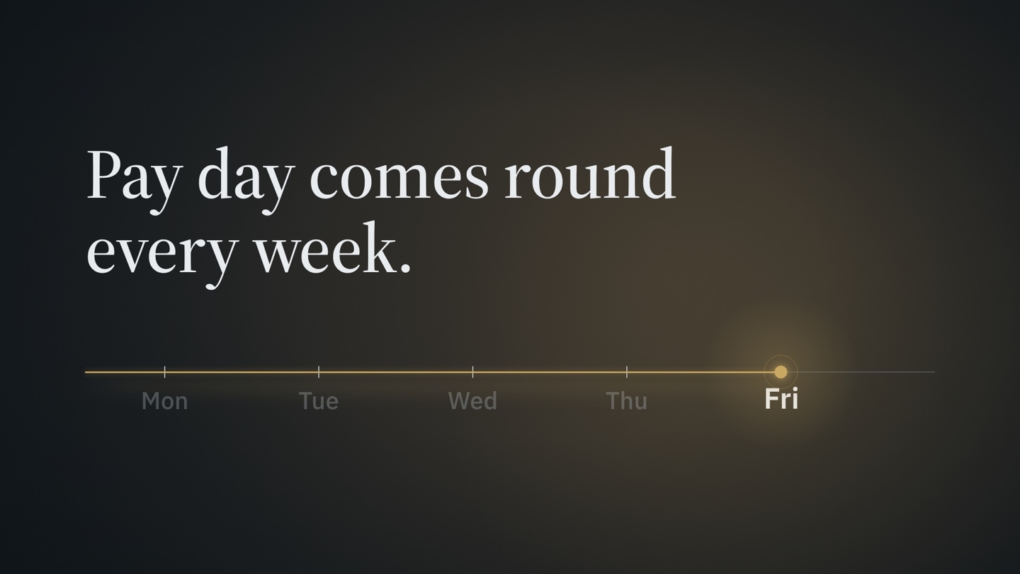 Pay day comes round every week. A working week, Monday to Friday, with Friday lit in gold.